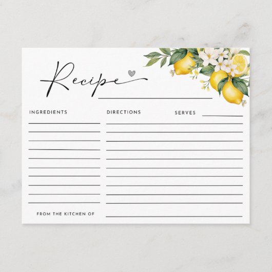 メインスクイズレモンブライダルシャワーレシピ エンクロージャーカード (正面)