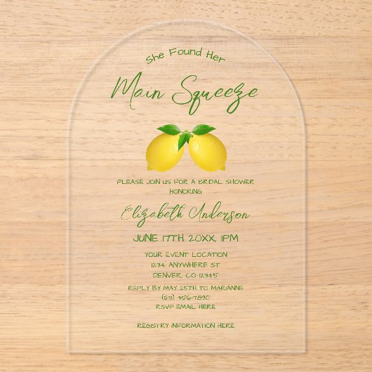 メインスクイズレモンブライダルシャワー アクリル招待状 (正面)