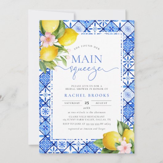 メインスクイズレモンブルーイタリアンタイルブライダルシャワー 招待状 (正面)