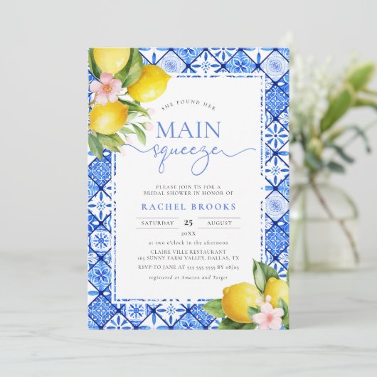 メインスクイズレモンブルーイタリアンタイルブライダルシャワー 招待状 (スタンド正面)