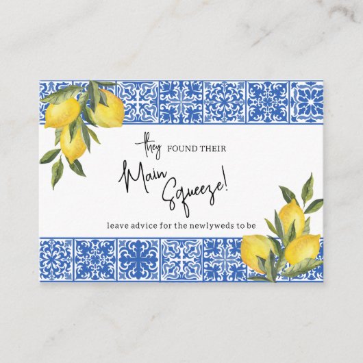メインスクイズレモンブルータイルウェディングシャワーアドバイス エンクロージャーカード (正面)