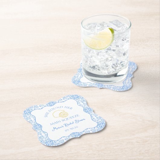 メインスクイズレモン&ブルータイルブライダルシャワー ペーパーコースター (インサイチュ)