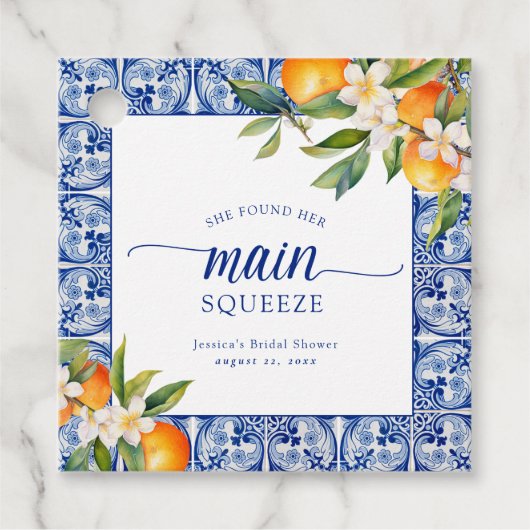 メインスクイーズオレンジのブライダルシャワー フェイバータグ (正面)