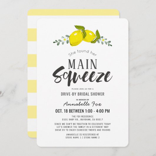 メインスクイーズシンプルレモンドライブバイブライダルシャワー 招待状 (正面/裏面)