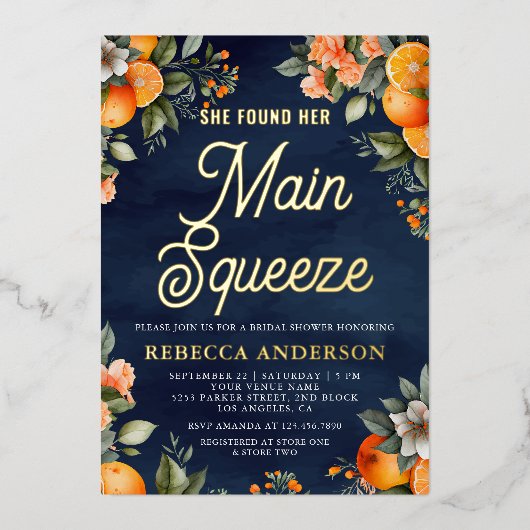 メインスクイーズタンジェリンナビ オレンジ ネイビー ブライダルシャワー 箔招待状 (正面)