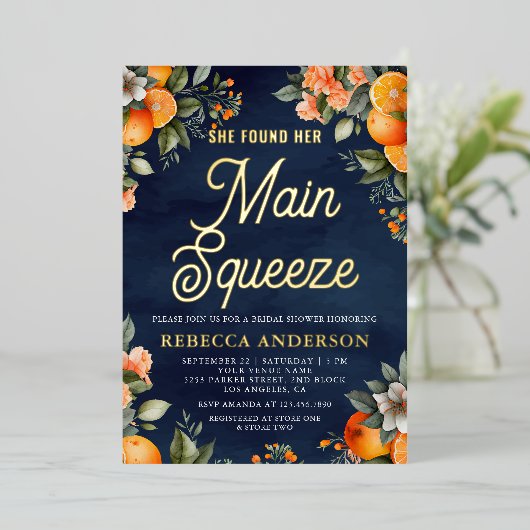メインスクイーズタンジェリンナビ オレンジ ネイビー ブライダルシャワー 箔招待状 (立ち正面)