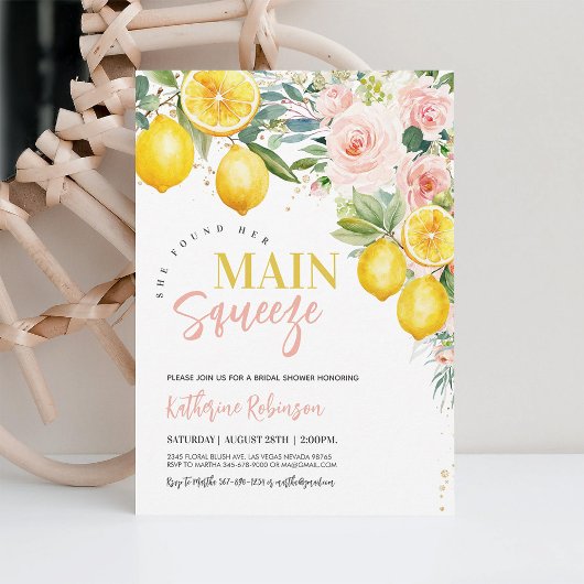 メインスクイーズピンクフローラレモンブライダルシャワー 招待状