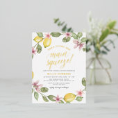 メインスクイーズフローラレモンリースブライダルシャワー 箔招待状ポストカード (立ち正面)
