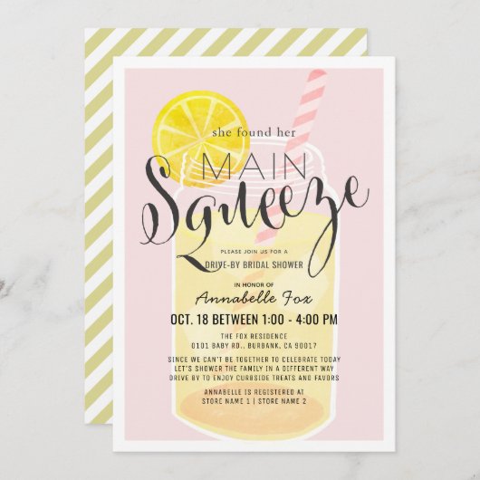 メインスクイーズレモネードピンクドライブバイブライダルシャワー 招待状 (正面/裏面)