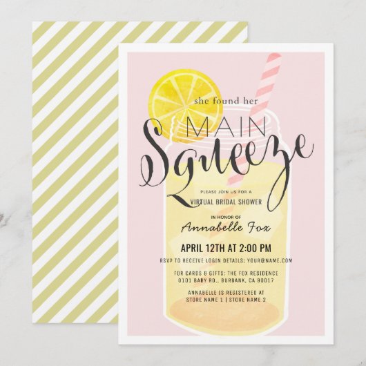 メインスクイーズレモネードピンクバーチャルブライダルシャワー 招待状 (正面/裏面)