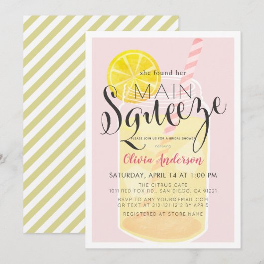 メインスクイーズレモネードメイソンジャールピンクブライダルシャワー 招待状 (正面/裏面)