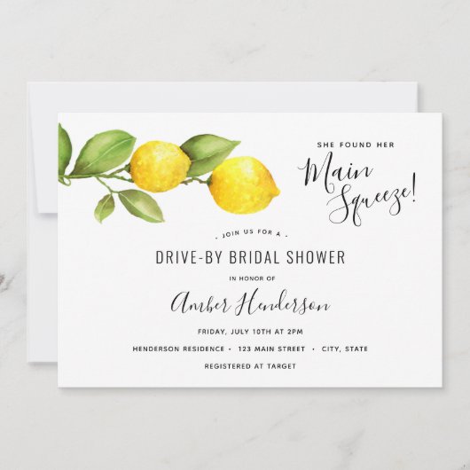 メインスクイーズレモンのドライブバイブライダルシャワー 招待状 (正面)