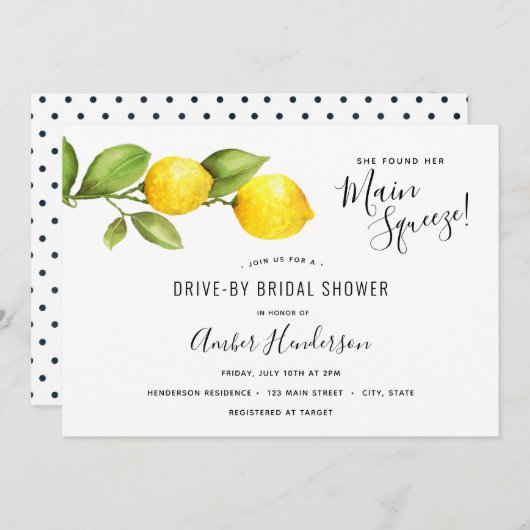 メインスクイーズレモンのドライブバイブライダルシャワー 招待状 (正面/裏面)