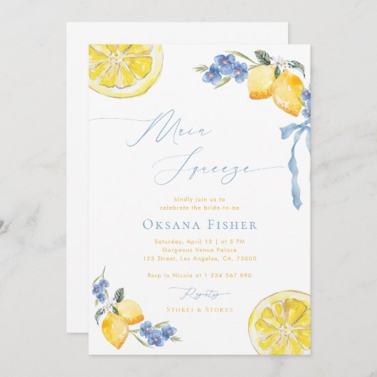 メインスクイーズレモンズブルーイタリアンブライダルシャワー 招待状 (正面/裏面)