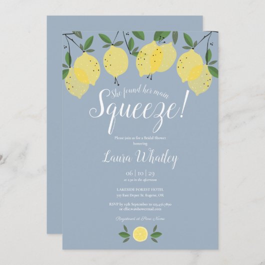 メインスクイーズレモンダスティブルーブライダルシャワー 招待状 (正面/裏面)