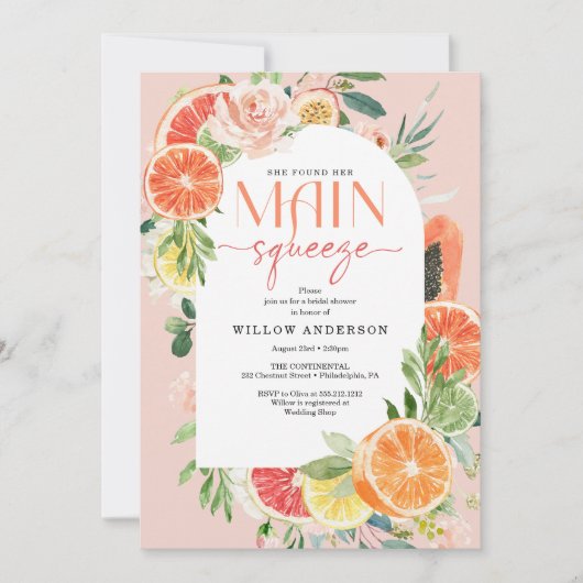メインスクイーズ柑橘類ブライダルシャワー招待アーチ 招待状 (正面)