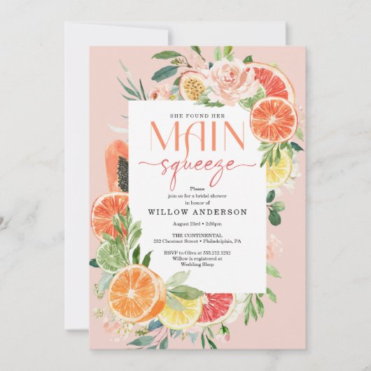 メインスクイーズ柑橘類ブライダルシャワー招待 招待状 (正面)