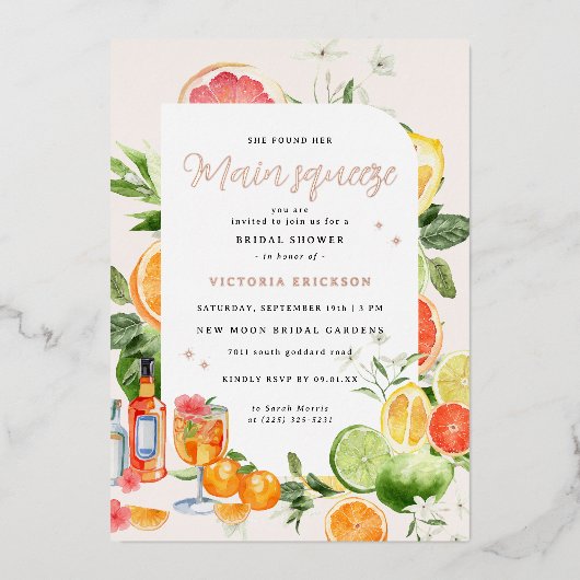 メインスクイーズ柑橘類ブライダルシャワー招待 箔招待状 (正面)