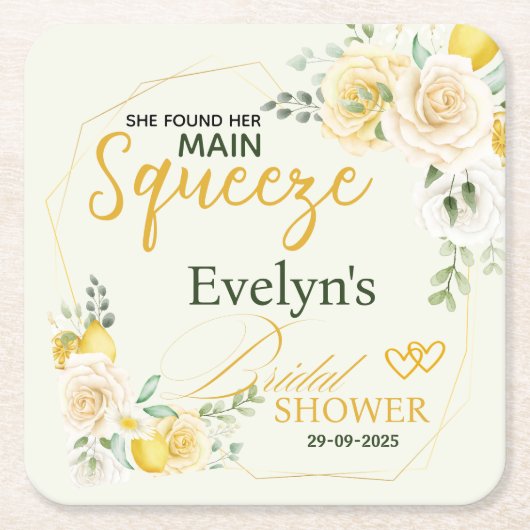 メインスクイーズ エレガント レモン フローラル ブライダルシャワー スクエアペーパーコースター (正面)