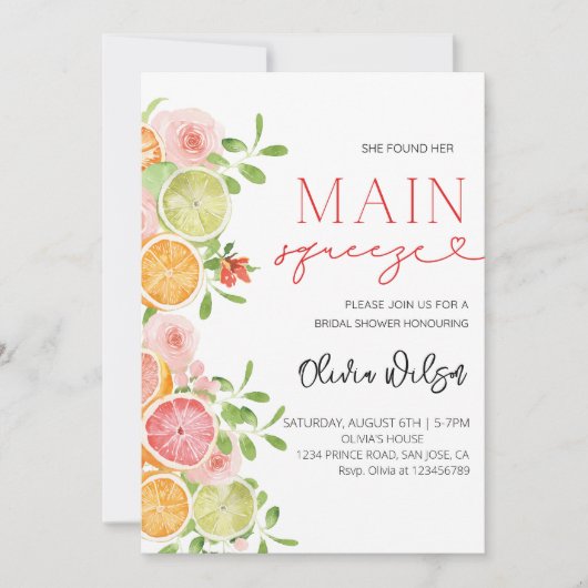 "メインスクイーズ"ブライダルシャワー – シトラスレモンパーティー 招待状 (正面)