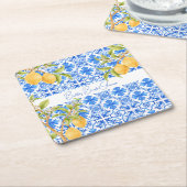 メインスクイーズ メディテレイニアンタイル レモンズ ブライダル スクエアペーパーコースター (アングル)