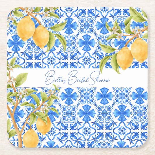 メインスクイーズ メディテレイニアンタイル レモンズ ブライダル スクエアペーパーコースター (正面)