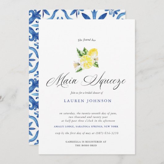 メインスクイーズ モダン ウォーターカラー レモン ブライダル 招待状 (正面/裏面)