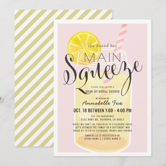 メインスクイーズ レモネード ピンク ドライブバイ ブライダルシャワー 招待状 (正面/裏面)