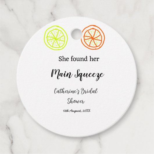 メインスクイーズ レモン シトラス ブライダルシャワー 名前を追加 フェイバータグ (正面)