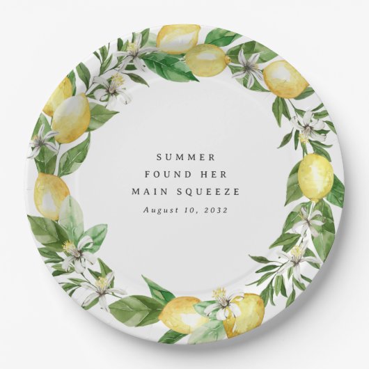 メインスクイーズ レモン テーマのブライダルシャワー ペーパープレート (正面)