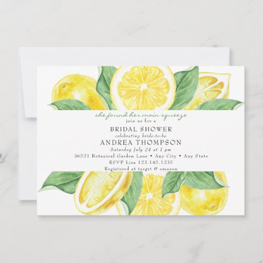 メインスクイーズ | 柑橘類 | レモンイエローのブライダルシャワー 招待状 (正面)