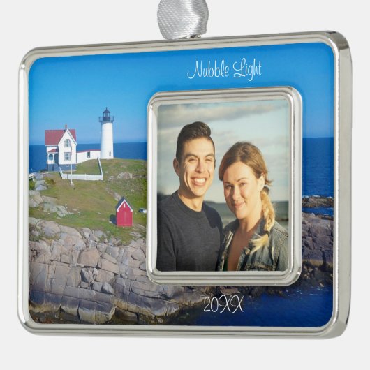メインバケーションファミリーフォトダイトニュブルライトハウス シルバープレートフレームオーナメント (左)