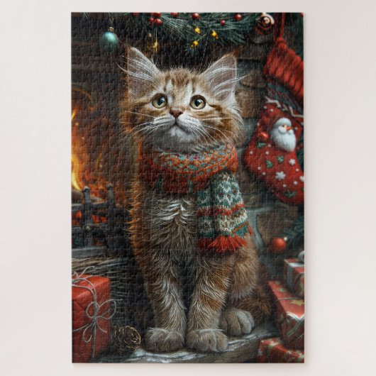 メインマンクーンの猫とクリスマスプレゼントの暖炉 ジグソーパズル (縦)