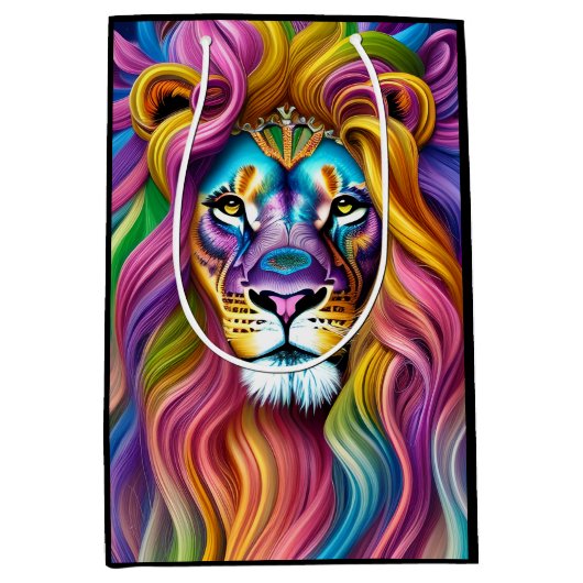 メイン付き美しカラフルいライオン ミディアムペーパーバッグ (正面)