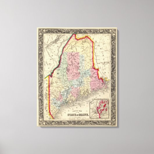 メイン州の州の郡地図 キャンバスプリント (正面)