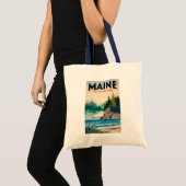 メイン州の灯台の絵画的イラストの旅行アート トートバッグ (正面(商品))