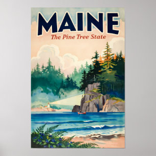 メイン州の灯台の絵画的イラストの旅行アート ポスター
