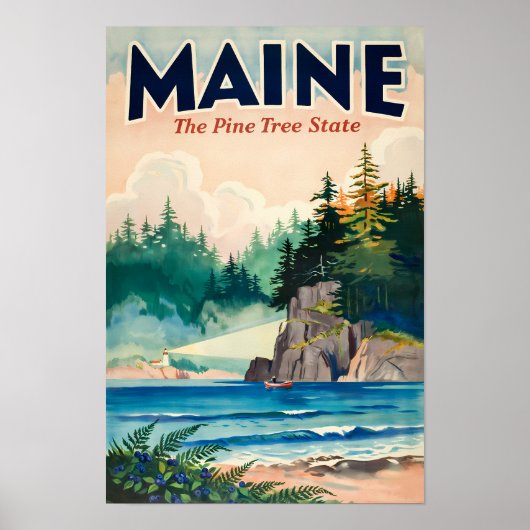 メイン州の灯台の絵画的イラストの旅行アート ポスター (正面)
