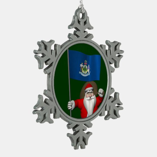 メイン州の看板を持つサンタクロース スノーフレークピューターオーナメント (左)