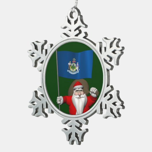 メイン州の看板を持つサンタクロース スノーフレークピューターオーナメント (右)
