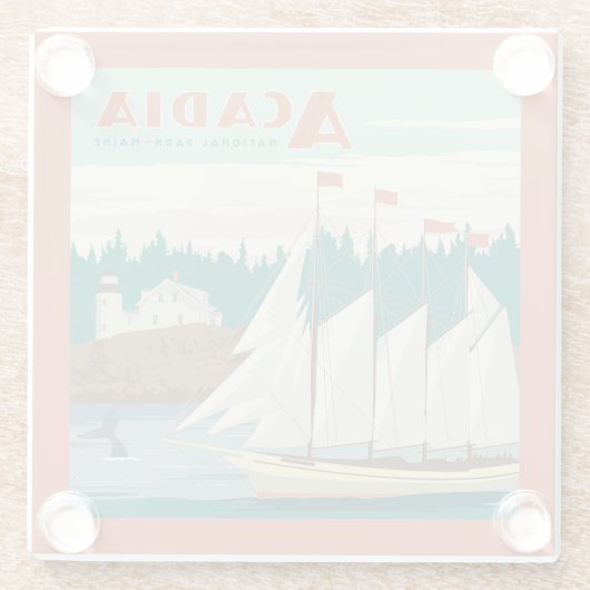 メイン州アカディア国立公園 |帆船とクジラ ガラスコースター (裏面)