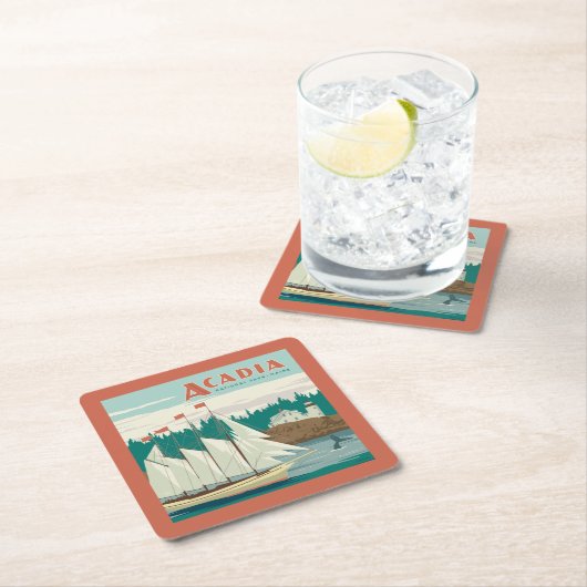 メイン州アカディア国立公園 |帆船とクジラ スクエアペーパーコースター (インサイチュ)