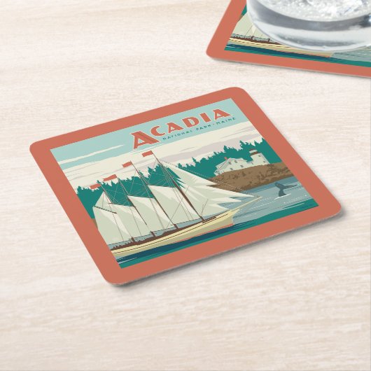 メイン州アカディア国立公園 |帆船とクジラ スクエアペーパーコースター (アングル)
