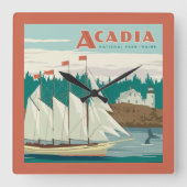 メイン州アカディア国立公園 |帆船とクジラ スクエア壁時計 (正面)