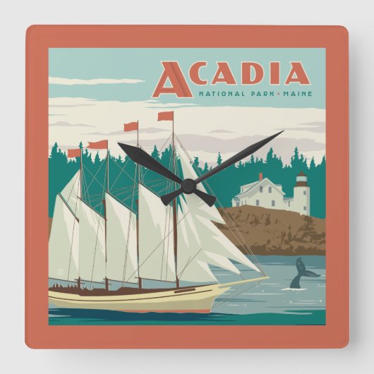 メイン州アカディア国立公園 |帆船とクジラ スクエア壁時計 (正面)