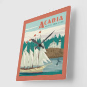 メイン州アカディア国立公園 |帆船とクジラ スクエア壁時計 (傾斜)