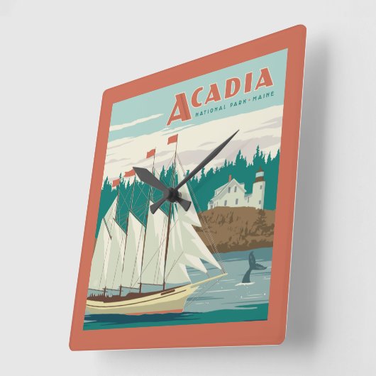 メイン州アカディア国立公園 |帆船とクジラ スクエア壁時計 (傾斜)