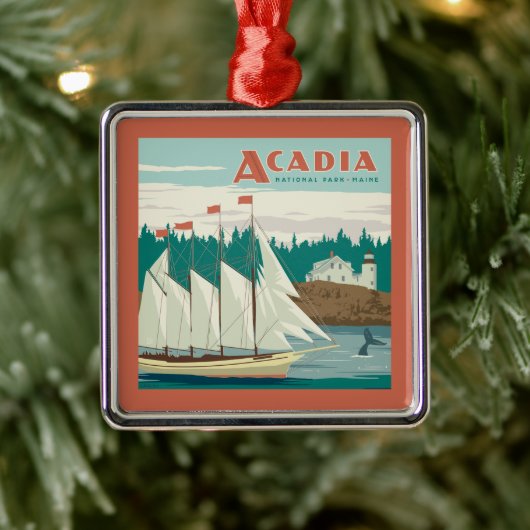 メイン州アカディア国立公園 |帆船とクジラ メタルオーナメント (ツリー)