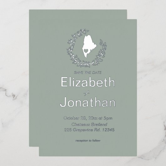 メイン州シルエットシンプルデスティネーションウェディング  箔招待状 (正面/裏面)