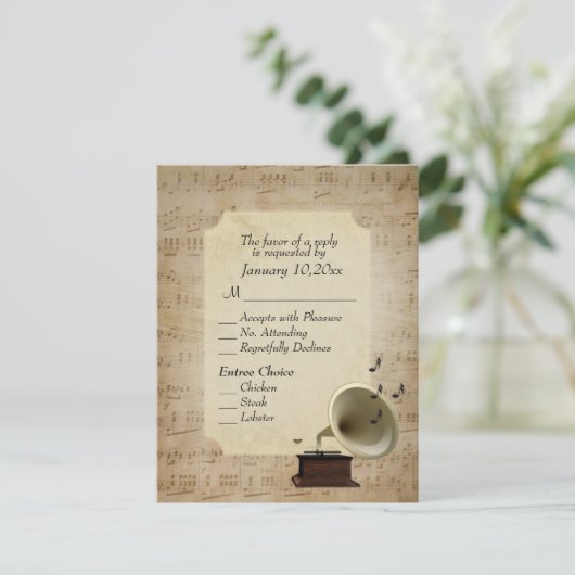 メイン料理の選択肢付きアンティークミュージックテーマ 出欠カード (スタンド正面)
